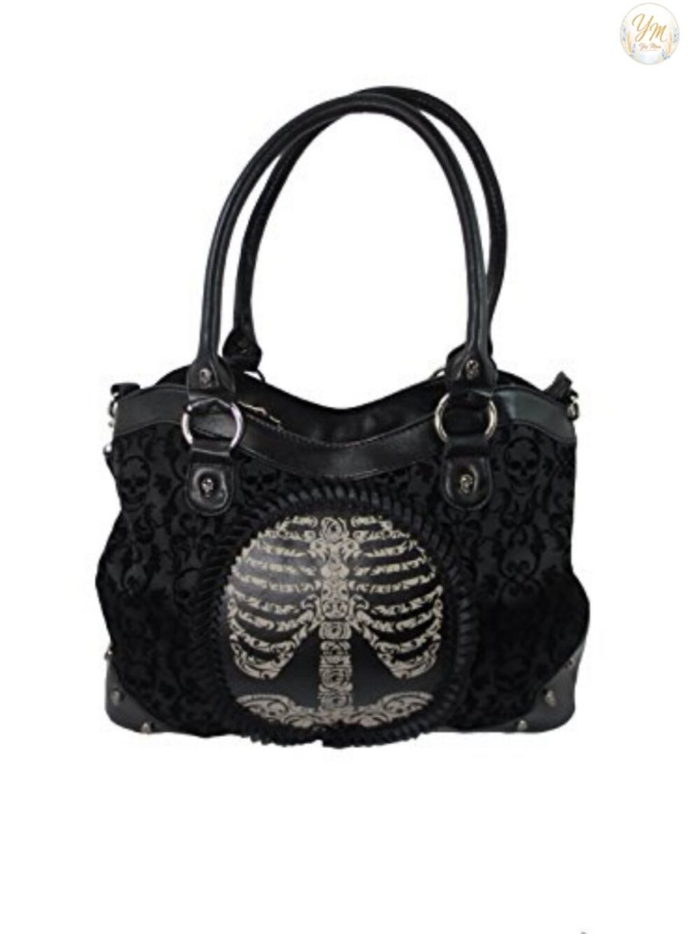 Goth Steampunk Flocked Ribcage Skeleton Cameo Large Handbag Shoulder Bag